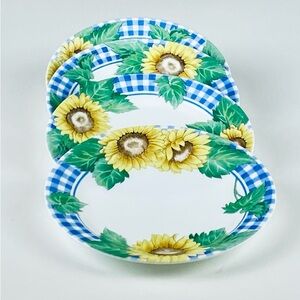 Sunflower Gingham Ceramic Salad/Dessert Plates - Set of 4